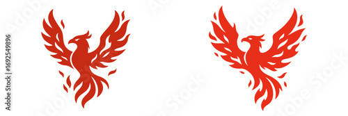 Set of stylized red phoenix bird silhouettes with fire wings, mythical creature icons symbolizing power and rebirth for a brand logo