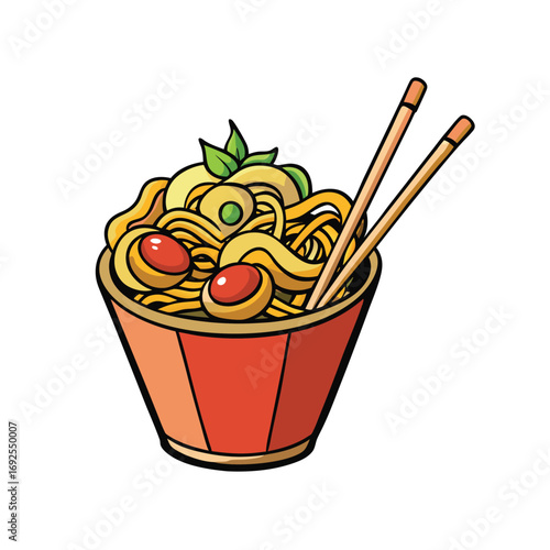 Vibrant illustration of delicious chinese stir fry noodles with fresh vegetables and chopsticks ready to eat