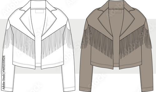 Women Fringe Jacket, Western Suede Leather Cardigan Jacket fashion technical drawing, illustration.  Cowboy Style Tassels Coat Vector. CAD, Mockup.