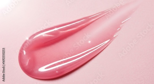 Vector illustration of a glistening swirl of pink lip gloss or liquid highlighter, showcasing its shimmering texture and vibrant color on a soft pink background