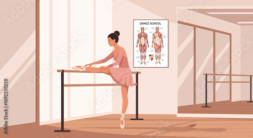 Ballet dancer stretching at the barre in a dance studio illustration training lesson practice