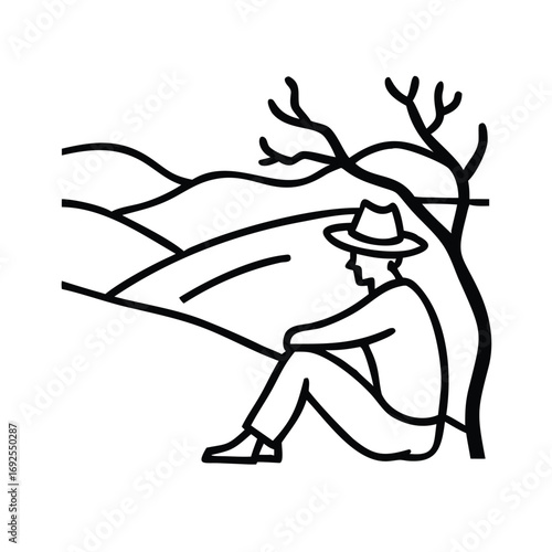 Vector art of a lone figure sits beneath a tree in a minimalist landscape, , evoking solitude and contemplation in nature