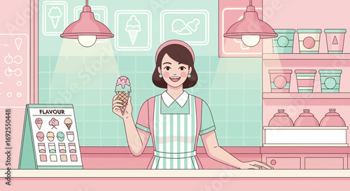 Cheerful ice cream shop server holding a cone, showcasing a sweet pastel-themed establishment