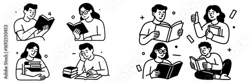 Set of minimalist black and white character icons showing people reading books, studying, and learning for education and literature concepts