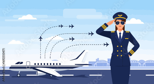 Confident female pilot salutes in front of airplane with departure routes concept