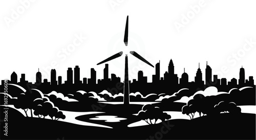 Modern city skyline powered by clean wind energy amidst lush green landscape