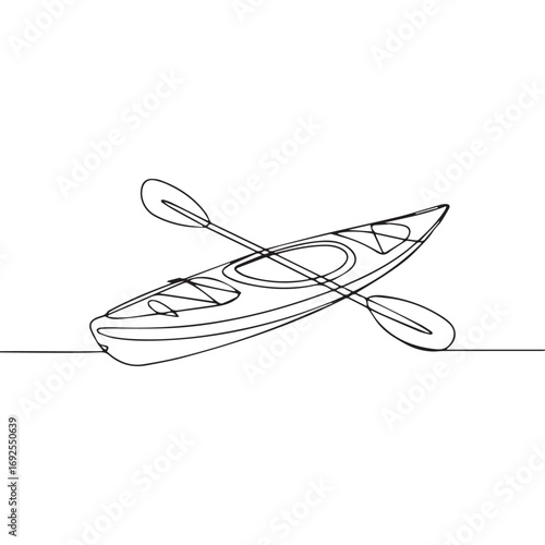 Simple black line art drawing of a kayak boat in a minimalist style on a white background.