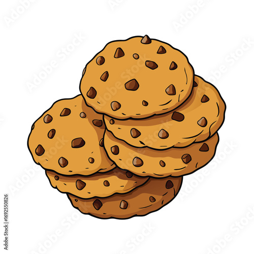 Delicious stacked chocolate chip cookies with scattered crumbs on a white background vector art