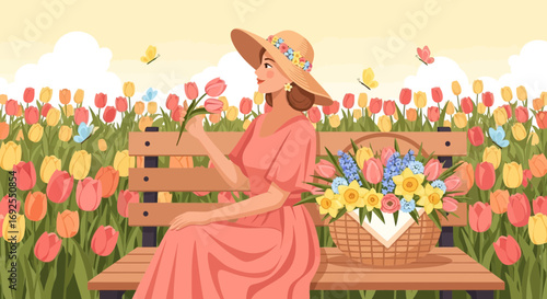 Elegant woman in a floral hat relaxes on a bench amidst a vibrant tulip field in springtime