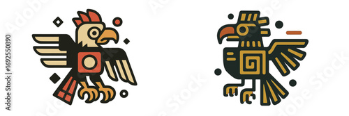 Set of two stylized eagle symbols in an ancient Aztec or Mayan art style with geometric patterns and traditional ethnic colors