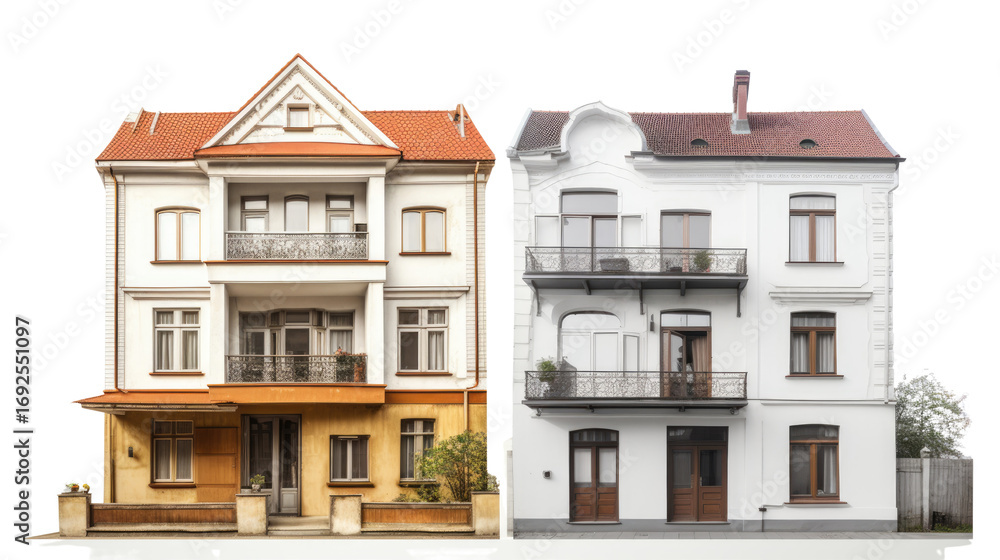Fototapeta premium Classic facade of a house in Paris with traditional French architecture isolated on white background