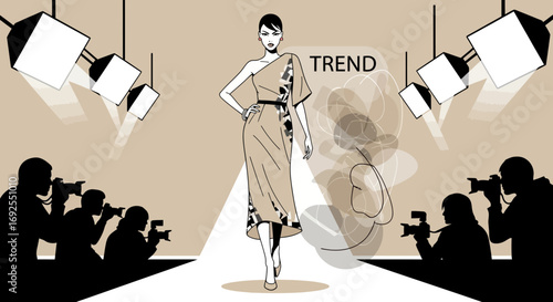 Fashion Show Vector Illustration: Elegant Model Posing on Runway with Paparazzi and Lights