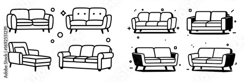Minimalist line art drawings of black and white sofas and couches for interior design and home furnishing concepts