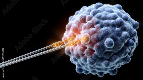 Synthetic Biology concept, micromanipulation of cell cell micropipette injection embryo laboratory microscopic immune cell