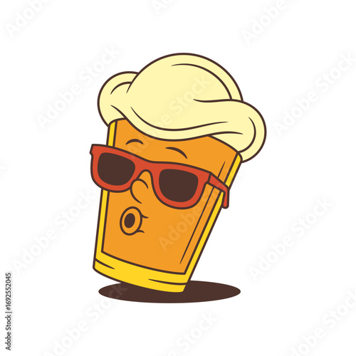 Funny cartoon mascot of yellow beer glass wearing sunglasses and whistling with big foam on top. Joyful alcohol drink character for party themes. Isolated vector illustration