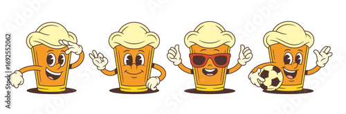 Cartoon beer mascot character wearing sunglasses shows thumbs up, salutes, waves hand and poses with soccer ball using playful emotional gestures. Vector illustration