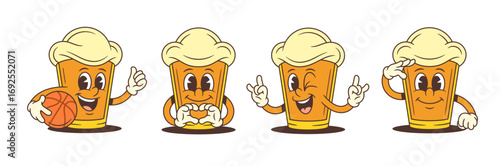 Cheerful cartoon beer mascot character performing playful actions including holding a basketball, making heart and rock gestures, winking, and saluting with expressive emotions. Vector illustration