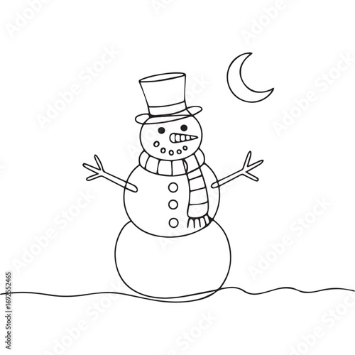 Simple black line art drawing of a snowman in a minimalist style on a white background.
