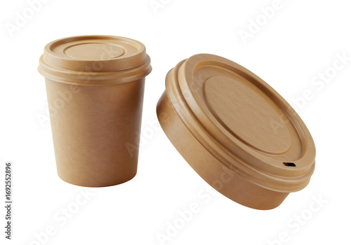 分離された茶色のコーヒーカップと蓋のクローズアップ 透明背景に配置されたリサイクル可能な容器のシンプルなデザイン