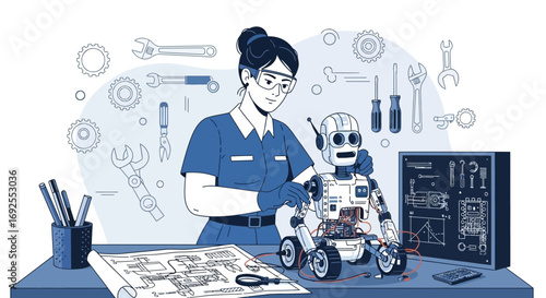 Woman engineer working on a robot project with tools and schematics in a workshop setting