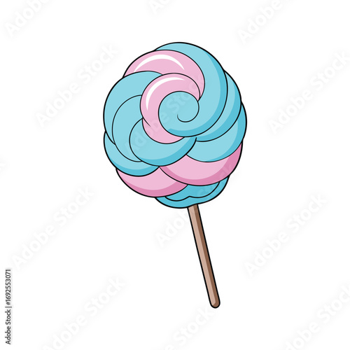 Vibrant cotton candy swirl on a stick presented as a bright colorful vector graphic illustration