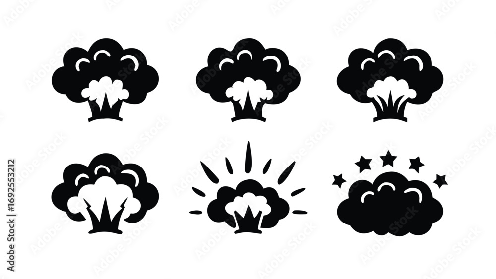 Obraz premium Vector art of collection of six explosion icons, depicting various stages and styles of a blast or burst effect