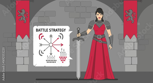 A poised female knight strategizes battle tactics within medieval castle walls showcasing