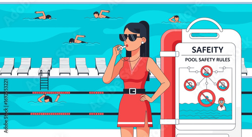 A Lifeguard Supervising a Swimming Pool Ensuring Safety and Enforcing Pool Rules Cartoon Style