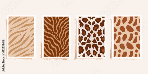 Set of four abstract animal print posters in warm earthy tones featuring zebra leopard and giraffe patterns