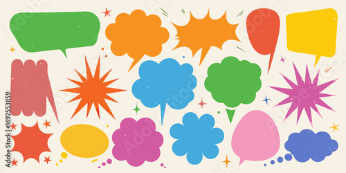 Collection of colorful retro speech bubbles and starbursts with a textured vintage feel