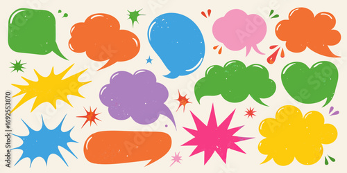 Collection of colorful hand drawn speech bubbles and starbursts with a textured vintage feel