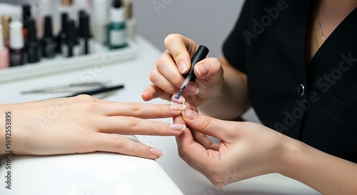 Manicurist Applying Nail Polish in Beauty Salon.