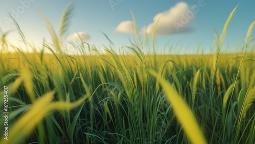 A vast field of swaying grasses, bathed in soft sunlight, with a clear sky and fluffy clouds above.
