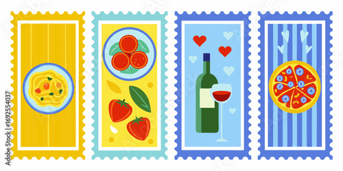 Four stylized postage stamps featuring italian food and drink with decorative elements