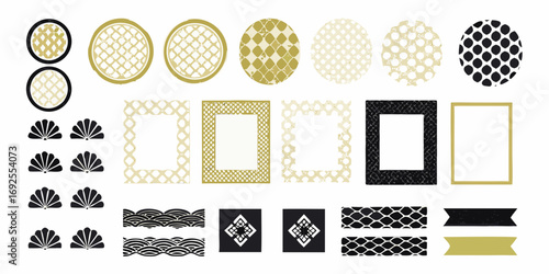 Collection of japanese inspired decorative elements including circles frames waves and crests in gold black and cream colors