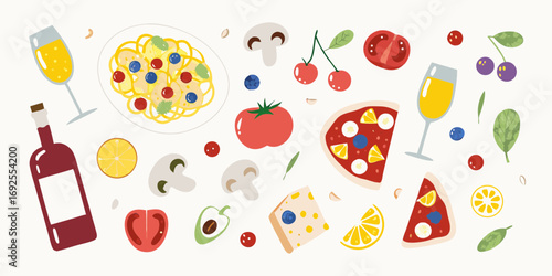 A vibrant and colorful collection of italian food and drink elements arranged in a playful pattern