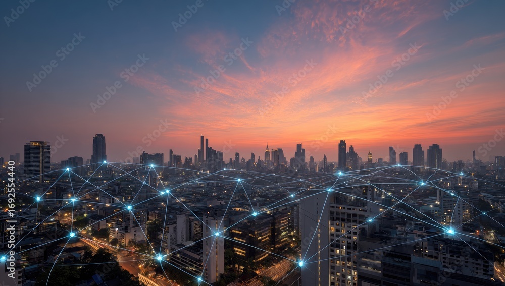 Obraz premium City skyline at sunset, interconnected by a network