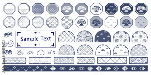 Collection of japanese seigaiha wave fan and cloud motifs in blue and white octagonal and arched shapes