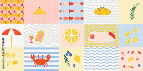 A whimsical collage of summer beach food and patterns with a coastal vibe