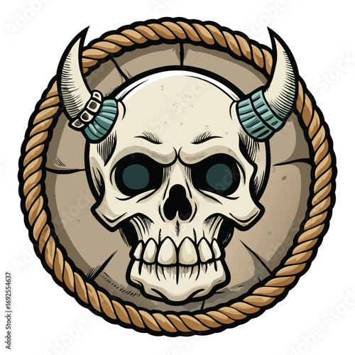 Skull With Horns And Blue Bands On A Stone Circle Surrounded By Rope On White Background demon devil