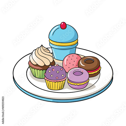 A delightful dessert plate featuring a colorful assortment of donuts macarons and cupcakes presented in a vector design