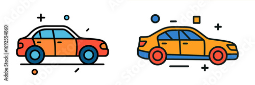 Two colorful car icons in a modern flat line art style for transportation and automotive concepts isolated on a white background
