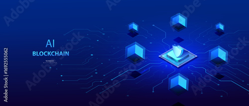 CPU central Blockchain. A.I. isometric banner with processor on circuit board.  Cubes block database. Big data protection chain technology background. Data science and business protect.