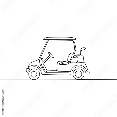 Simple black line art drawing of a golf car in a minimalist style on a white background.