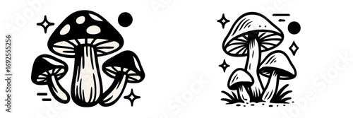 Set of two magical mushroom designs in a black and white graphic style for tattoos or stickers isolated on a white background
