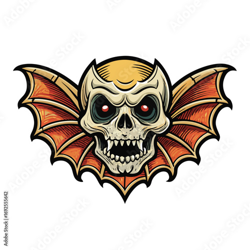 Terrifying Bat Skull with Spreading Wings Illustration on White Background monster creature