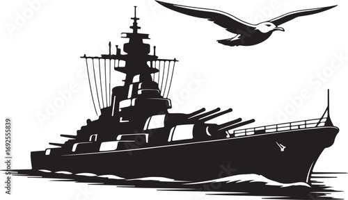 Silhouette of a Battleship with a Gull Flying Above it