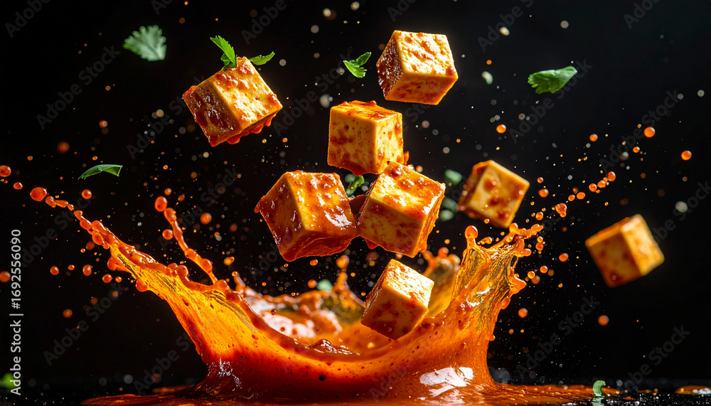 Naklejka premium Dynamic splash shot of spicy curry sauce with floating tofu cubes, vibrant herbs, and dramatic motion, creating energetic and appetizing food scene