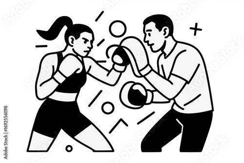 Woman boxer training with a male coach, punching focus mitts in a minimalist black and white line art style for fitness and self-defense