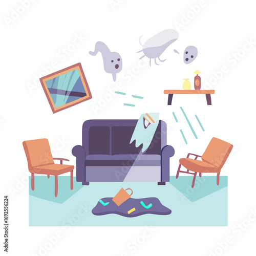 Vector art of spooky haunted house with ghosts and broken furniture